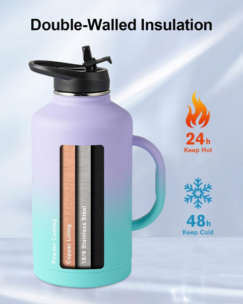 Trebo 64oz Insulated Water Bottle with Straw Lids - Half Gallon Double Wall Stainless Steel Jug