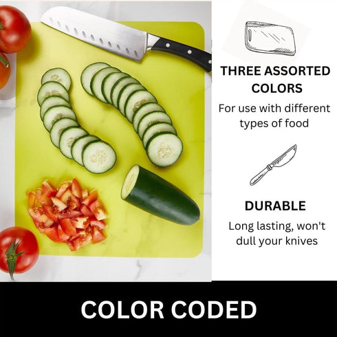Nicole Home Collection Flexible Cutting Mats Set of 3, BPA-Free Plastic Color-Coded Kitchen Chopping Boards