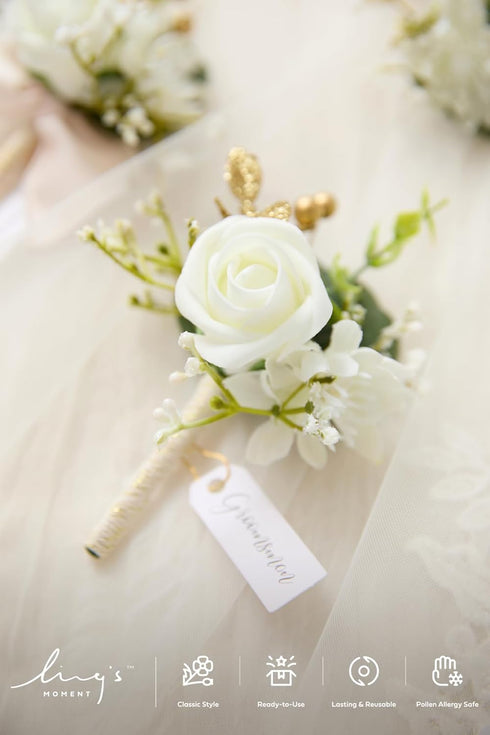 Ling's Moment 6pcs Boutonniere for Men, Artificial Flowers for Wedding Decor, White Baby Breath Ivory