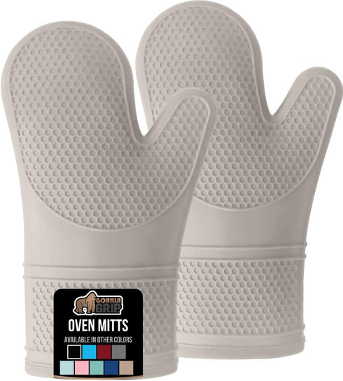 Gorilla Grip Silicone Oven Mitts Set, 12.5 in, Almond - Heat & Slip Resistant, Waterproof, BPA-Free, Cotton Lining