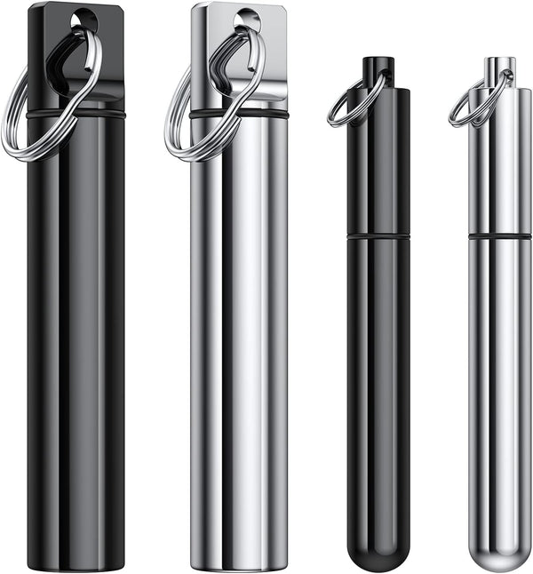 4 Pieces Metal Toothpick Holder, Aluminum Waterproof Case with Keychain, Portable Pocket Toothpick Container, Silver