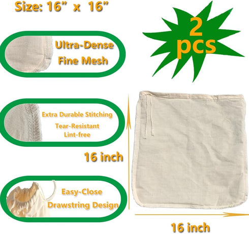 2 Pack 16"x16" XXL Nut Milk Bag - Unbleached Natural Cotton Cheese Cloths | Reusable Cheesecloth Strainer