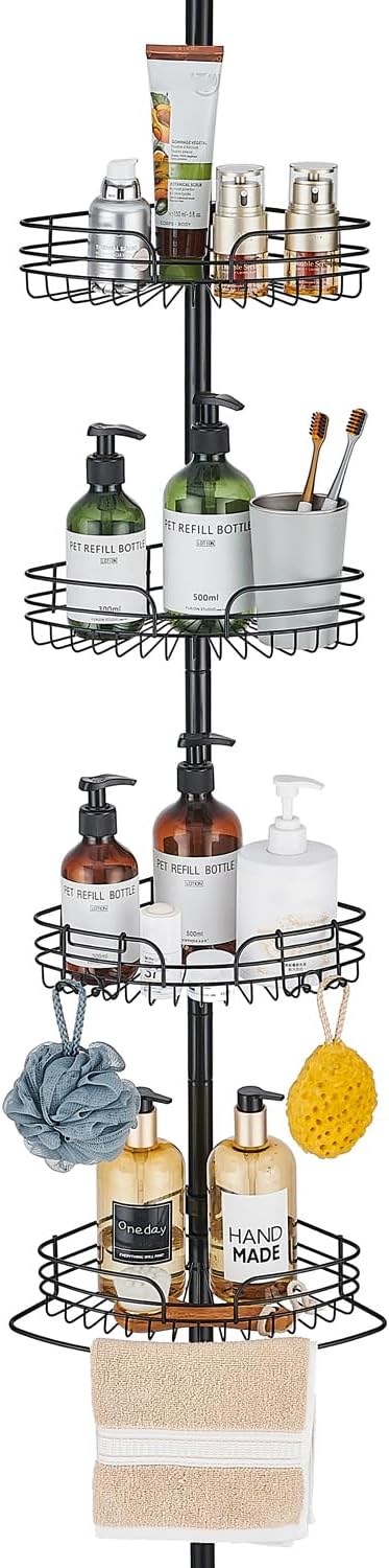 WPT Black Shower Caddy Tension Pole for Bathroom, Stainless Steel Corner Shower