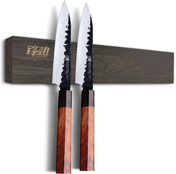 FINDKING Ash Wood Magnetic Knife Strip, 12 Inches Dark Brown Utensil Holder for Wall, No Drill.