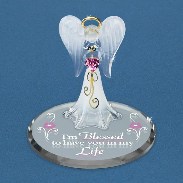 Glass Baron Angel 'I'm Blessed' - Angel Heart Figurine, White, Pink, Clear - Modern with Mirrored Base
