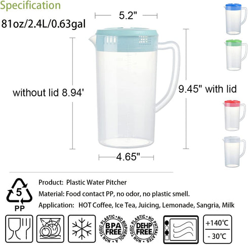 0.63 Gallon Plastic Pitcher with Lid, BPA-FREE, Eco-Friendly Carafe for Hot/Cold Drinks, 81oz, Blue