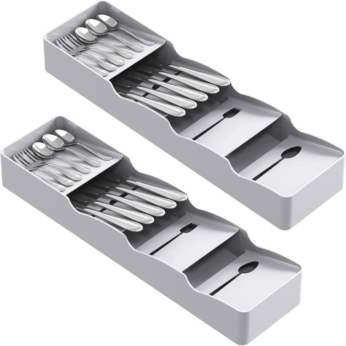 Lifewit Compact Flatware Drawer Organizer, Narrow Plastic Cutlery Tray for Spoons, Forks, and Knives, 2 Pack (Gray)