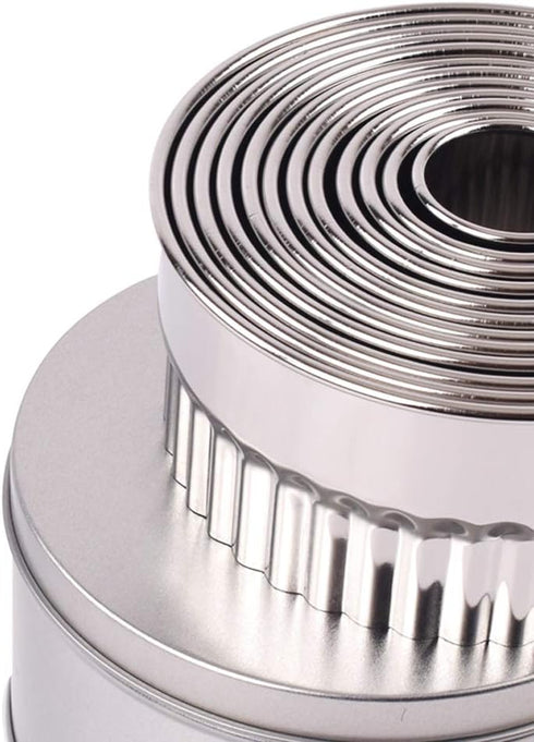 Stainless Steel Round Cookie Biscuit Cutter Set, 12 Pieces, Fluted Edge Graduated Ring Sizes