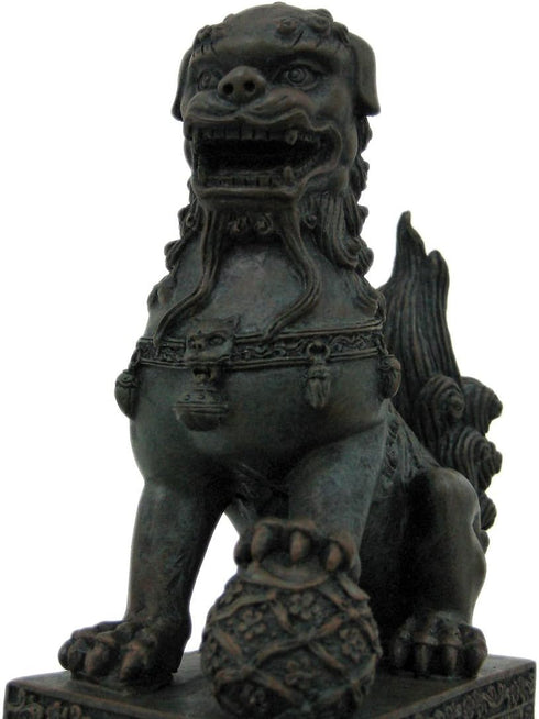 YTC Summit International, Inc. Pair of Chinese Lions Stone Guardian Figurines Set of 2 on Engraved Base