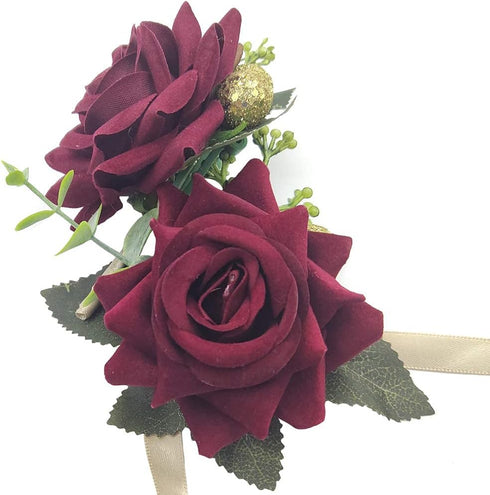 Arlai Wedding Prom Corsage and Boutonniere Set, Artificial Flower Rose Wrist Corsage with Ribbon Bracelet