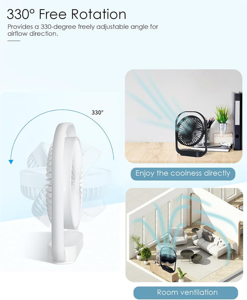 AceMining Small Quiet Desk Fan, USB Fan with Night Light, Rechargeable 4 Speed Table Fan, 330° Rotation for Bedroom