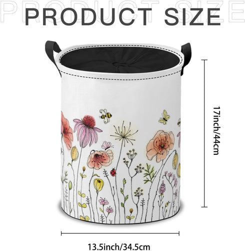 Summer Spring Wildflowers Laundry Hamper Basket, Colorful Floral Printing Collapsible Portable Laundry Bag, Garden
