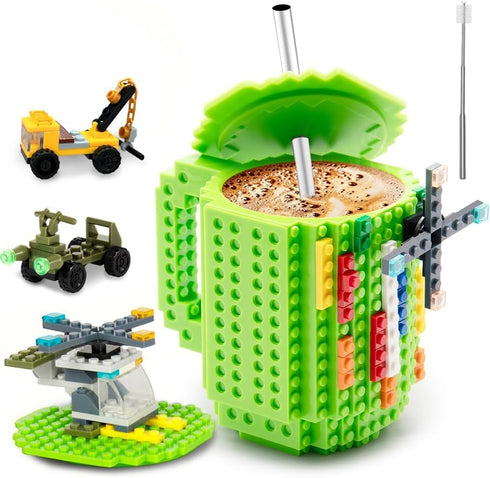 Fubarbar Novelty Coffee Mugs, Kids Brick Gaming Mug with Straw, Funny Xmas/Birthday Gift for Men, Women, Kids (Green)