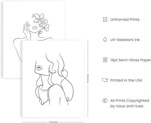 RipGrip Minimalist Line Art Prints Set of 4, Aesthetic Black and White Wall Art Painting (Unframed, 11x14)