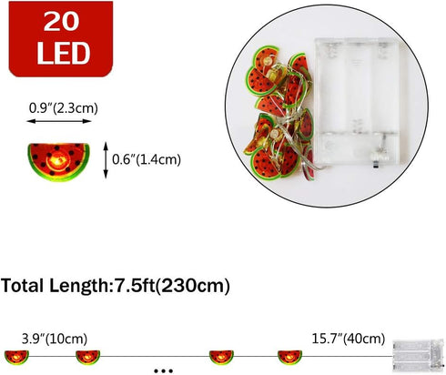 20 Summer LED Watermelon Copper String Lights, Battery Operated Fairy Lights for Christmas, Birthday Party, Holiday