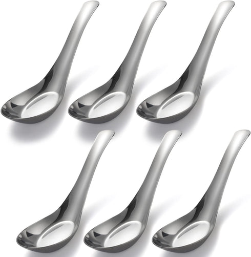 Soup Spoons Stainless Steel Dinner Spoons Set of 6 Chinese Soup Spoon Mirror Polished Asian Soup Spoons for Bouillon Dessert Cereal Thai Miso Ramen