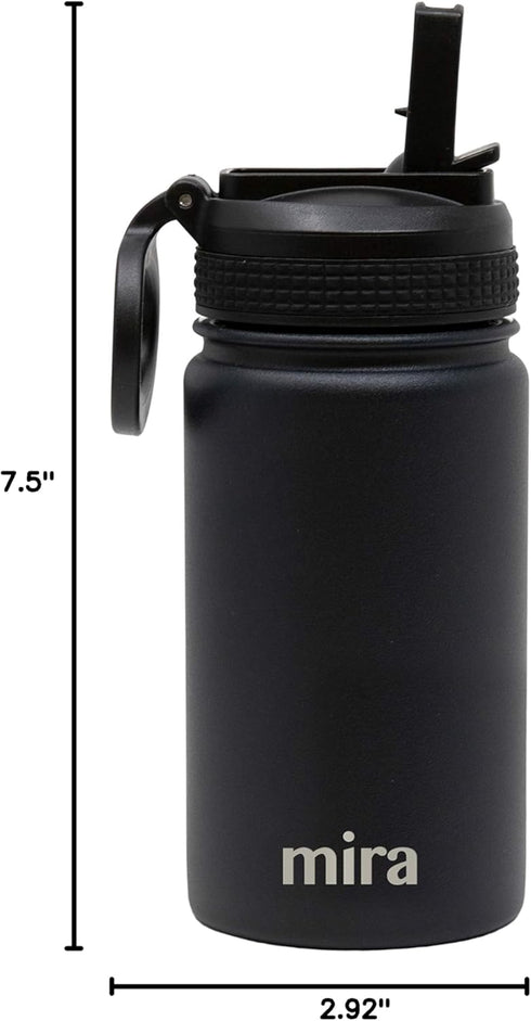 MIRA 12 oz Small Insulated Water Bottle, Leak-Proof Stainless Steel with Straw Lid for Travel, Gym - Black
