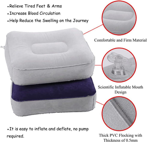 1PCS Inflatable Travel Foot Rest Pillow, Head Pad, Soft Flocking Pillow, Flights Relax Cushion Ottomans Leg Up with Air