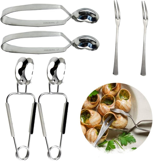 DOERDO 6PCS Stainless Steel Escargot Snail Tongs with Forks, Kitchen Cooking Tool for Serving, 6 Inch