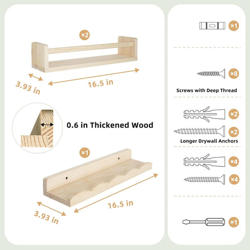 16.5" Set 2+1, Floating Book Shelves for Wall, Natural Wood Nursery Shelves for Book Storage, Solid Pine Wooden