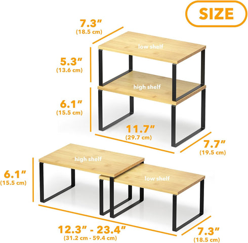 SpaceAid Cabinet Shelf Organizers 2 Pack, Kitchen Counter Rack Shelves Riser, Stackable Expandable Spice Rack, Pantry Cupboard Storage Organization (Black and Natural, Short)