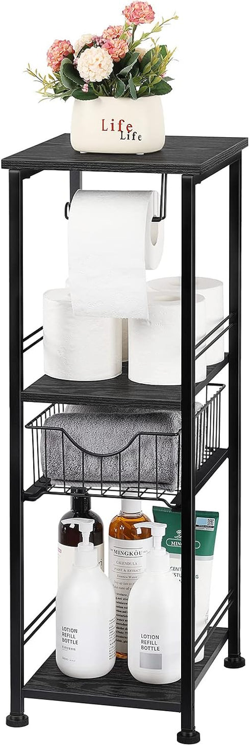 OYEAL Toilet Paper Storage Cabinet, Black Small Bathroom Side Shelf with Drawer for Bathroom, Laundry Room