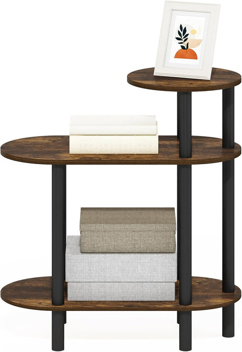 3-Tier Furinno Turn-N-Tube Side Table, Oval Sofa End Table with Open Shelf, Toolless Assembly Night Stand, Bedside