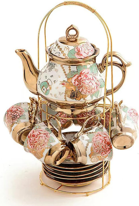 CHANJOON Gold Plated Red Rose Ceramic Tea Set, Vintage Teapot, Beautiful Tea Set