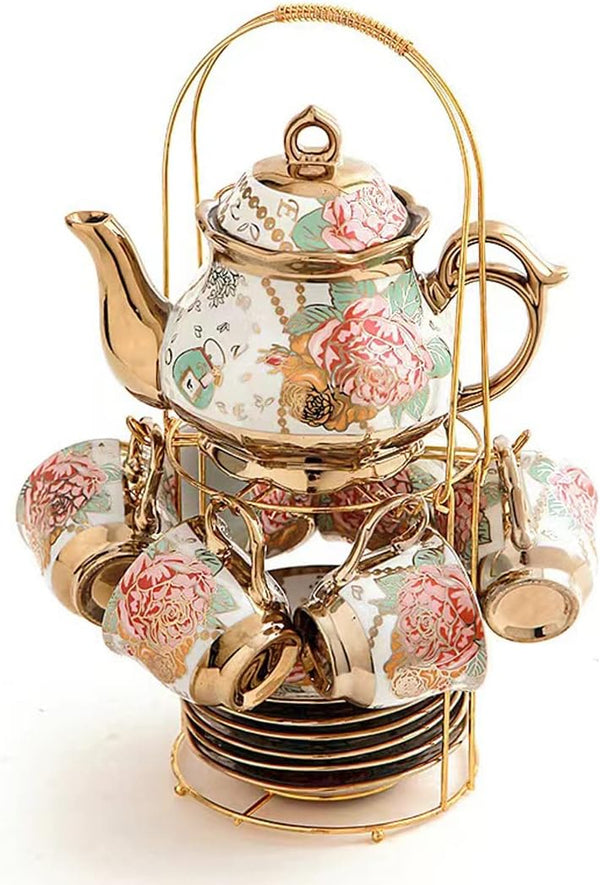 CHANJOON Gold Plated Red Rose Ceramic Tea Set, Vintage Teapot, Beautiful Tea Set