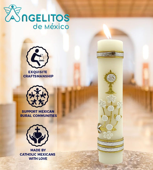 Angelitos de Mexico First Communion Prayer Candle with The Holy Spirit Dove - A Blessed Mass Keepsake