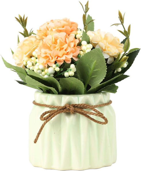 Artificial Hydrangea Bouquet with Small Ceramic Vase, Fake Silk Flowers Decoration for Home Party Wedding