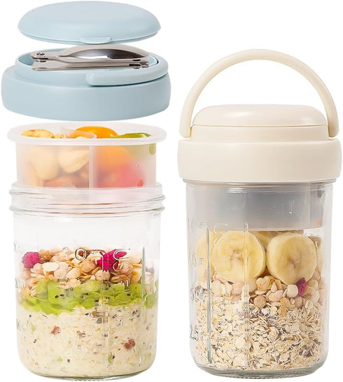 2 Pack Overnight Oats Containers with Lids and Handles, Folding Spoons &