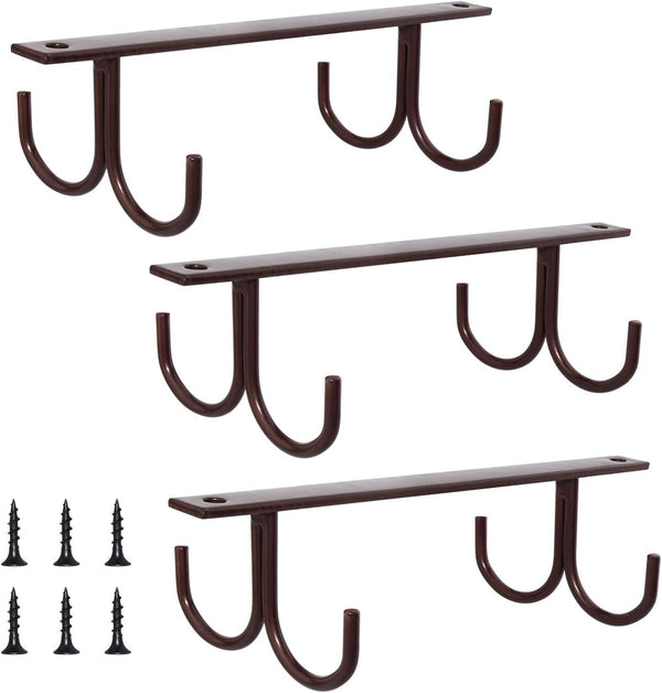 Mocoum Under Cabinet Mug Rack, Rustic Organizer Rack with 12 Hanging Hooks for Mugs, Coffee Cups (Brown-3 Pack)