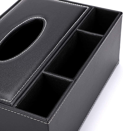 PU Leather Tissue Box Cover, Multifunctional Holder for Stationery and Remote Control, Stylish Desktop Organizer (Black)
