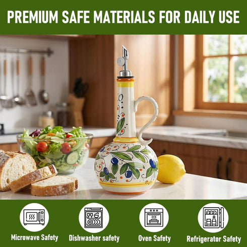 18 oz 2 Ceramic Olive Oil Dispenser Bottle - Hand-Painted Italian Kitchen Decor Oil Cruet with Spouts, Silicone Funnel