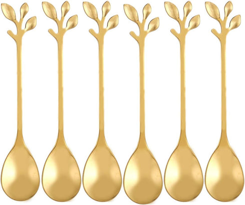 12 pcs Stainless Steel Gold Leaf Coffee Spoon Set, Creative Tableware Dessert Spoons for Ice Cream, Cake, Tea