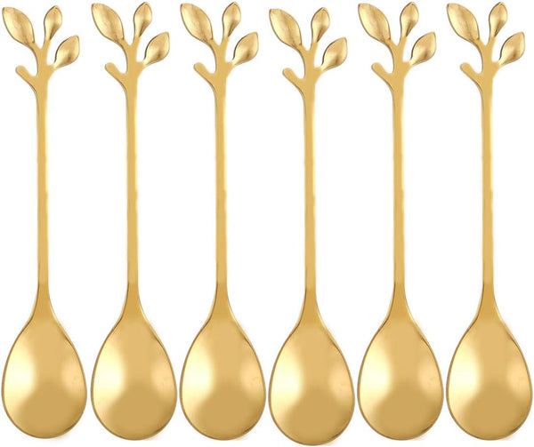 12 pcs Stainless Steel Gold Leaf Coffee Spoon Set, Creative Tableware Dessert Spoons for Ice Cream, Cake, Tea