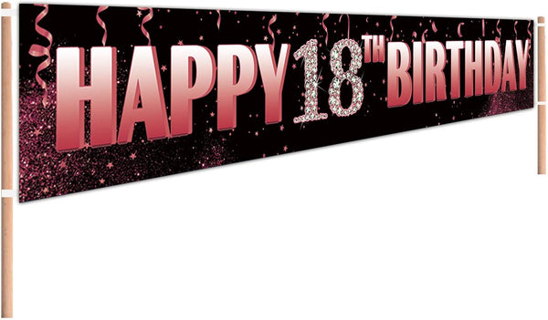 Large 18th Birthday Yard Sign Banner, Happy 18 Years Old Party Supplies Decorations, Black Pink Rose Gold (9.8 x 1.6 ft)