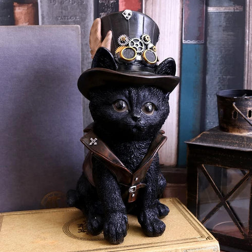 Nemesis Now Cogsmith's Steampunk Cat, Hand-Painted Black Cat Figurine with Leather Top Hat, 18.5cm