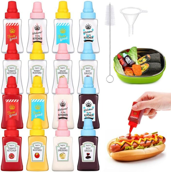 16 pcs Mini Ketchup Bottles 25ml Plastic Portable Condiment Squeeze Bottles for