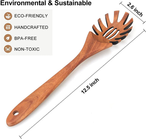 Best Wooden Pasta Spoon, 12.5 Inch Long Acacia Wood Spaghetti Serving Utensil