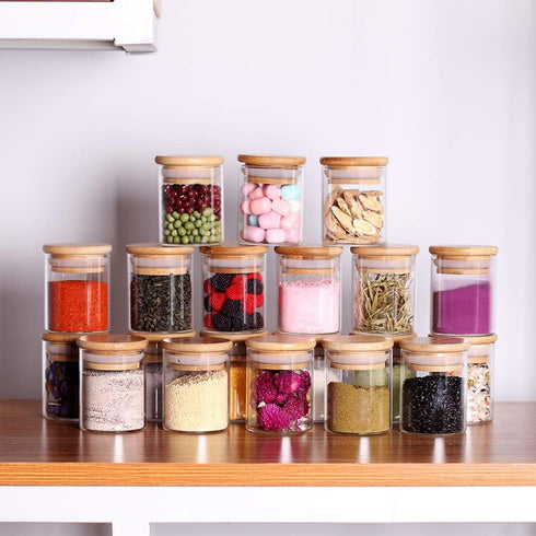 Set,2.5oz 20 Tzerotone Spice Jar Piece Glass Jar with Bamboo Airtight Lids and Labels, Mini Clear Food Storage