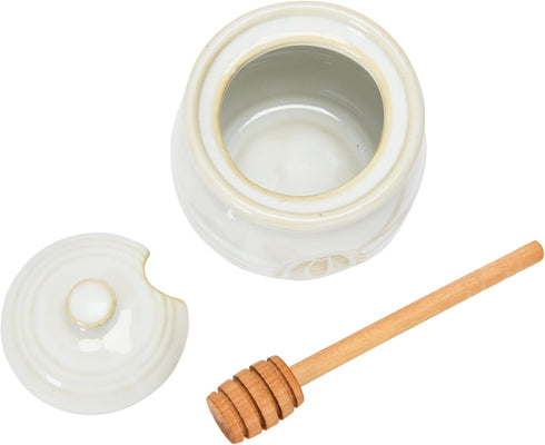Whimsical White Stoneware Honey Pot with Wooden Dipper - Farmhouse Style