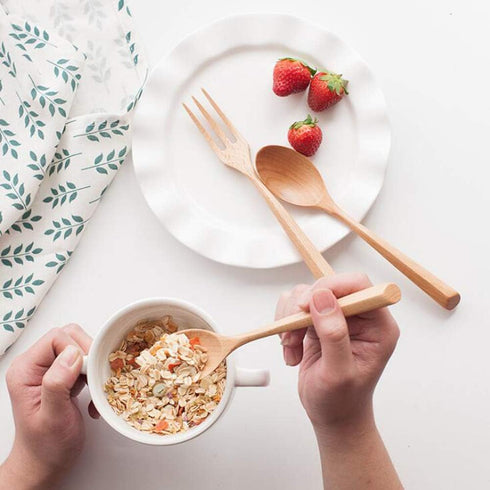Kyien 6Pcs Wood Soup Spoons and Forks Set - Eco-Friendly Wooden Flatware with 3 Spoons and 3 Forks for Natural Eating
