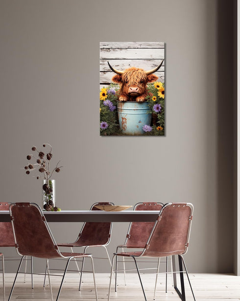 Cute Highland Cow Baby in Bucket Canvas Wall Art, Funny Animal Bathroom Decor, Farmhouse Cow Picture with Colorful