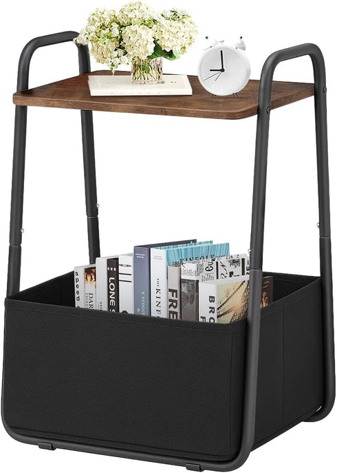 Rustic Brown Metal Frame Nightstand - Small Side Table with Fabric Storage