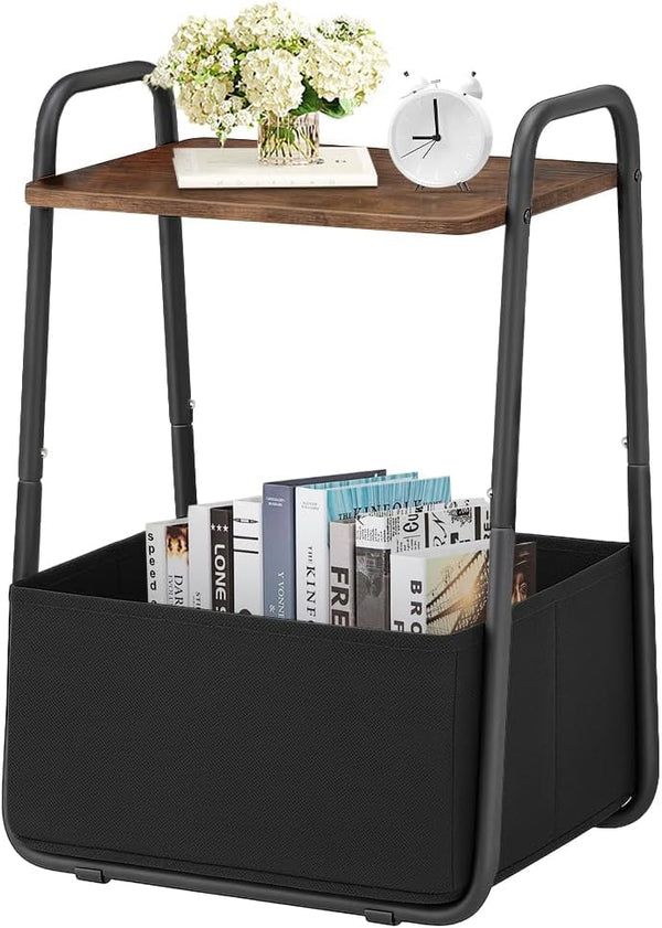 Rustic Brown Metal Frame Nightstand - Small Side Table with Fabric Storage