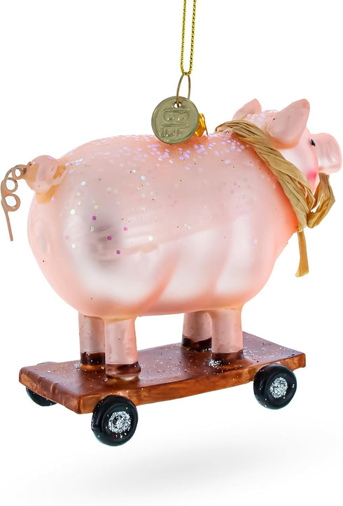 Playful Pig Riding a Skateboard Glass Ornament, Christmas Decoration