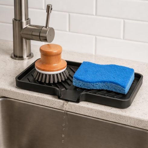 3-Way 10"x4", 7.8 Happitasa Silicone Soap Dish Tray and Sponge Holder with Drain Chute and Feet | Sloped Design |
