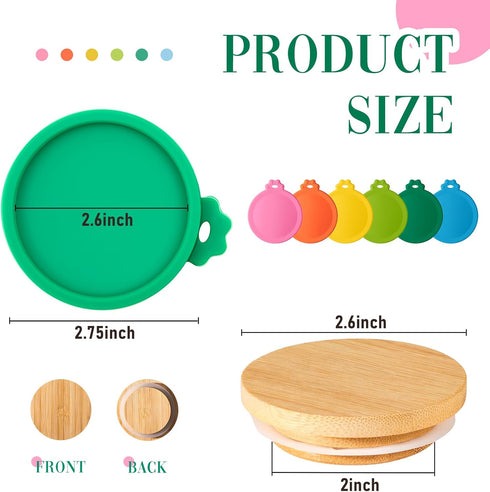12 Set, 6 6 Mumufy Pcs Yogurt Jar Lids Colorful Covers Silicone Jar Lids and Bamboo Wood Yogurt Container Lids